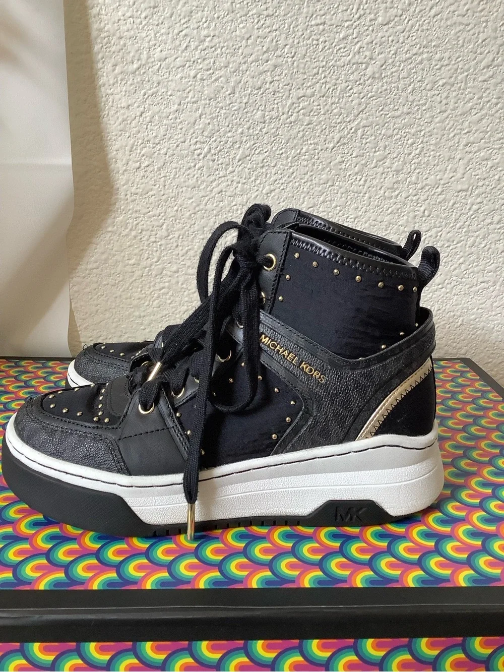 Michael Kors Lexi High-Top Platform Sneakers Black Gold Studs Size 5
